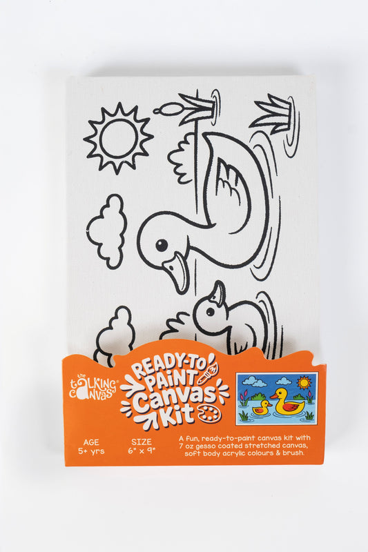 Duck Ready-to-Paint Canvas Kit 6×9 front packaging featuring a pre-printed duck and duckling swimming in a pond.