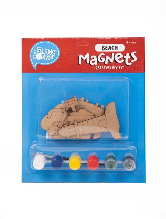 Beach Magnets Creative DIY Kit for Kids front packaging featuring wooden lighthouse, sandcastle, crab and flip-flop magnets with acrylic paints.