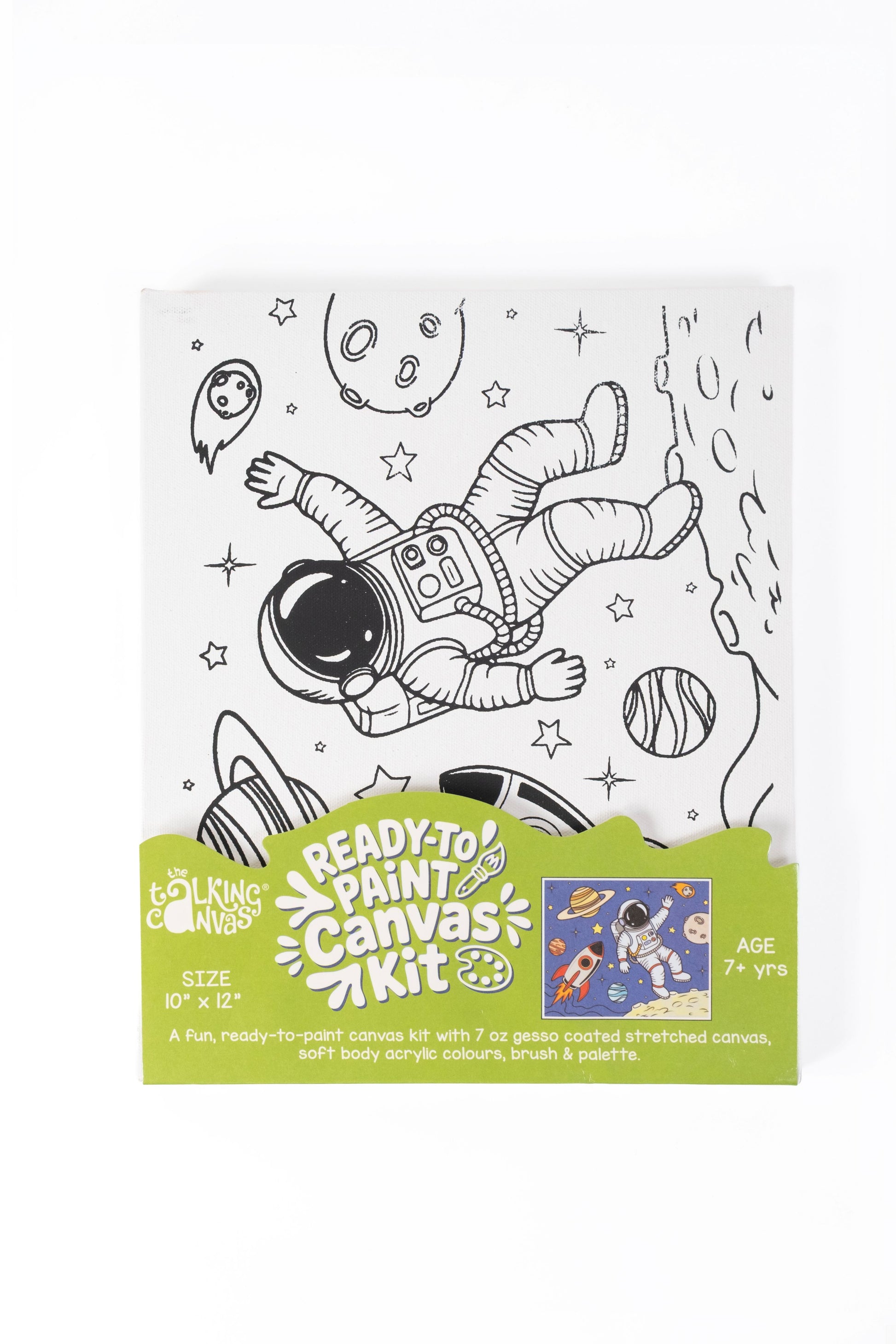 Astronaut Ready-to-Paint Canvas Kit for Kids 10×12 front packaging featuring an astronaut, planets, rocket and outer space design.
