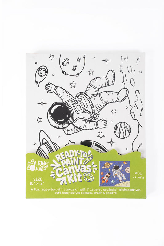 Astronaut Ready-to-Paint Canvas Kit for Kids 10×12 front packaging featuring an astronaut, planets, rocket and outer space design.