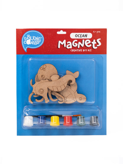 Ocean Magnets Creative DIY Kit for Kids front packaging featuring four MDF ocean magnets, acrylic paints and paint brush.