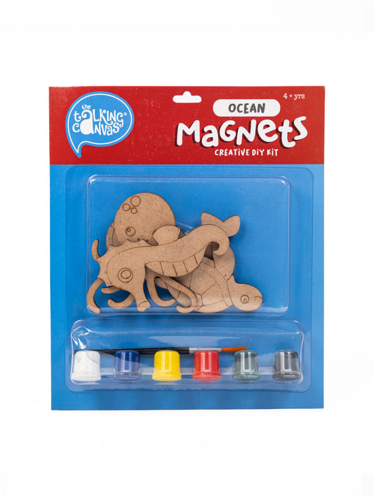 Ocean Magnets Creative DIY Kit for Kids front packaging featuring four MDF ocean magnets, acrylic paints and paint brush.