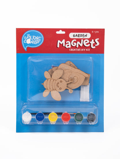 Garden Magnets Creative DIY Kit for Kids front packaging featuring four MDF garden magnets, acrylic paints and brush.
