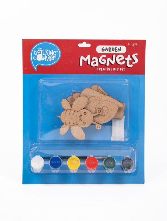Garden Magnets Creative DIY Kit for Kids front packaging featuring four MDF garden magnets, acrylic paints and brush.