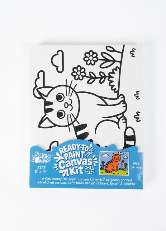 Capybara Ready-to-Paint Canvas Kit 8×10 front packaging featuring a pre-printed capybara canvas art kit with flowers and clouds.