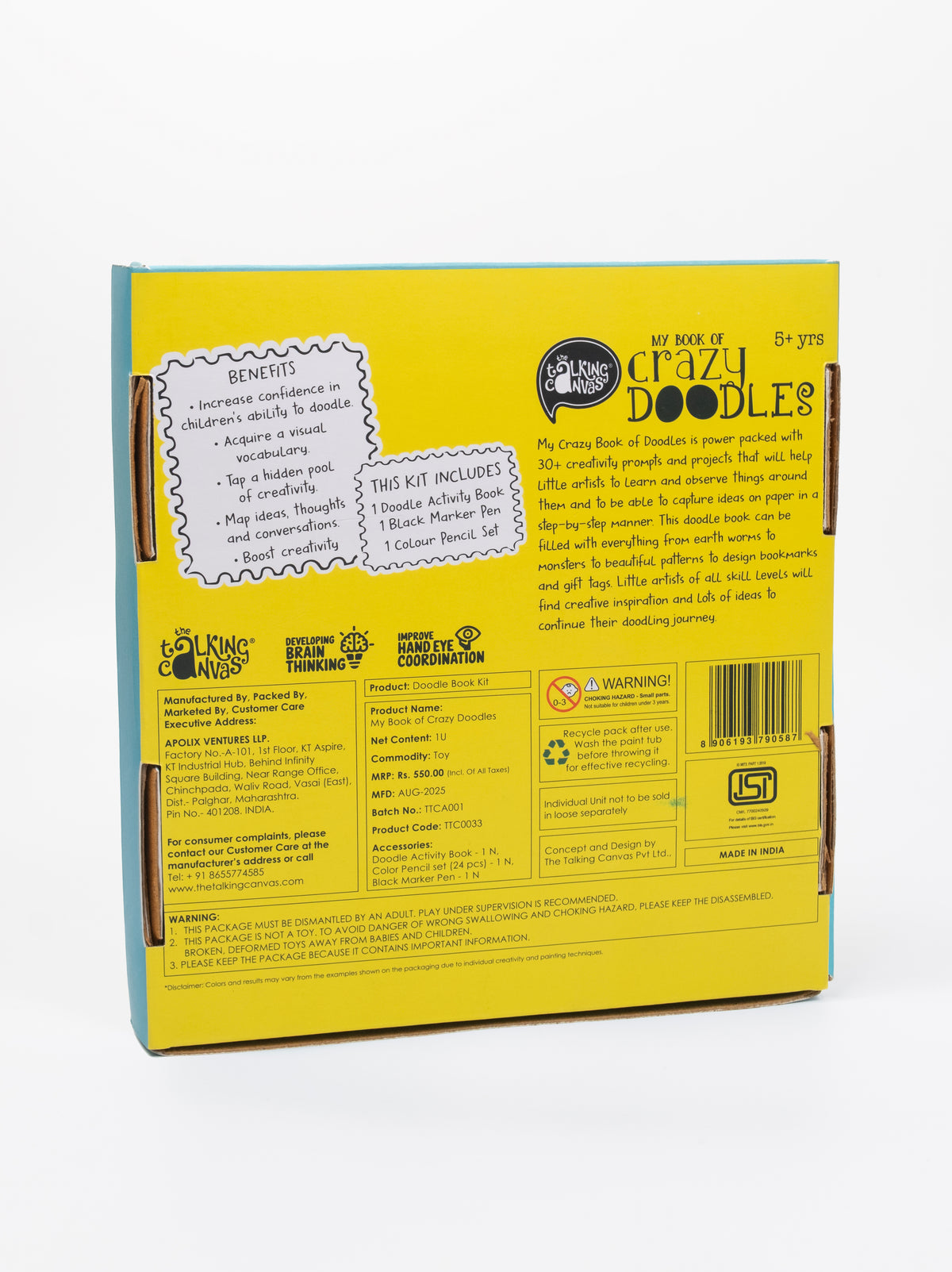 Back of The Talking Canvas My Book of Crazy Doodles kit showing product information, benefits, included contents and safety details.