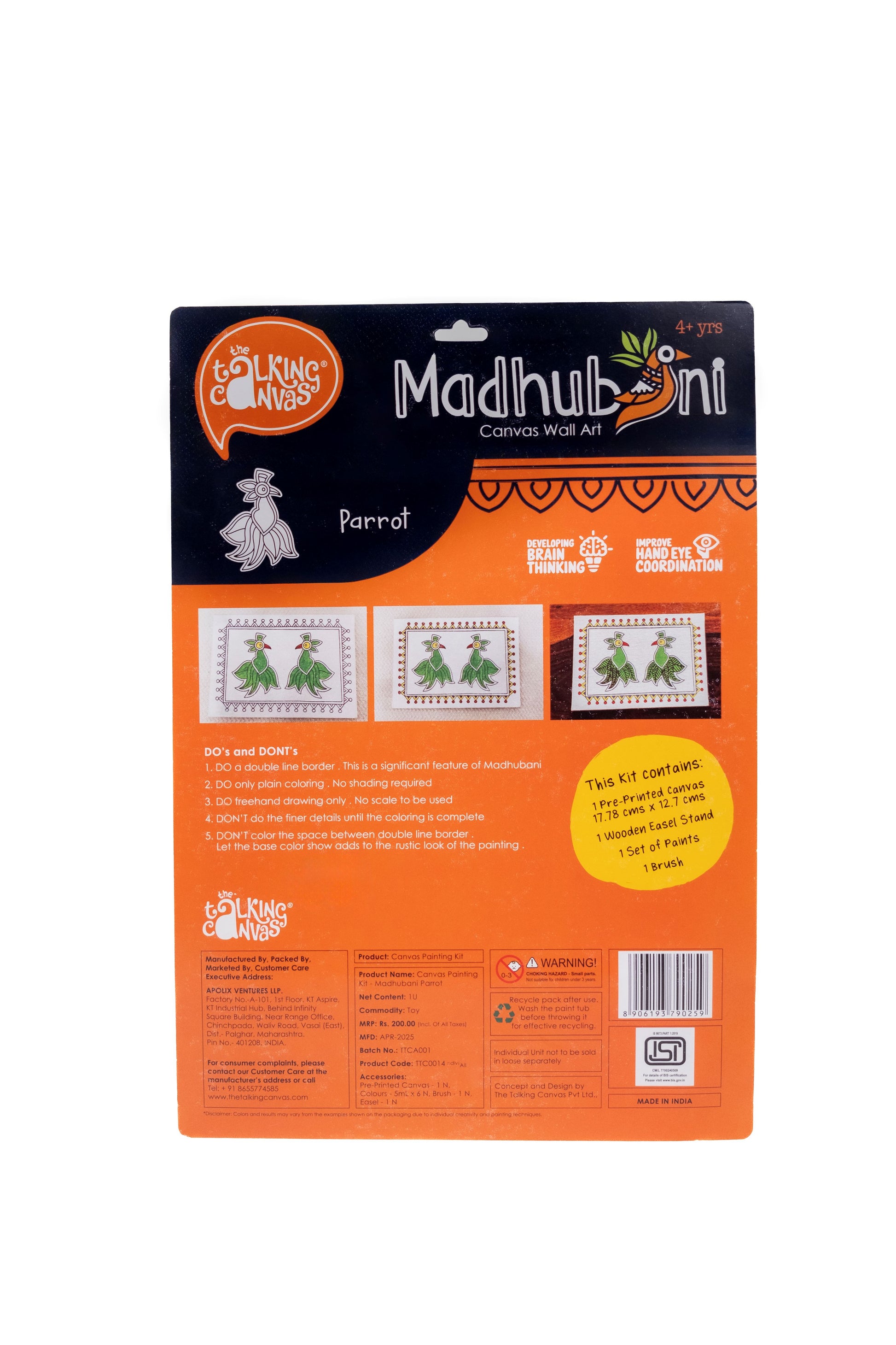 Back of The Talking Canvas Madhubani Parrot Canvas Wall Art DIY Kit with painting guide, artwork stages, product details and safety info.