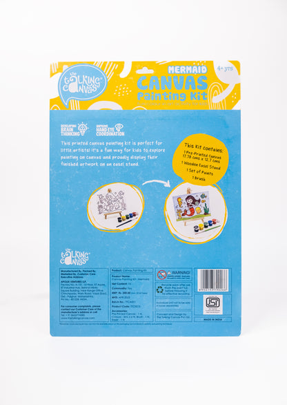 Back of The Talking Canvas Mermaid Canvas Painting Kit showing product information, kit contents, instructions and safety details.