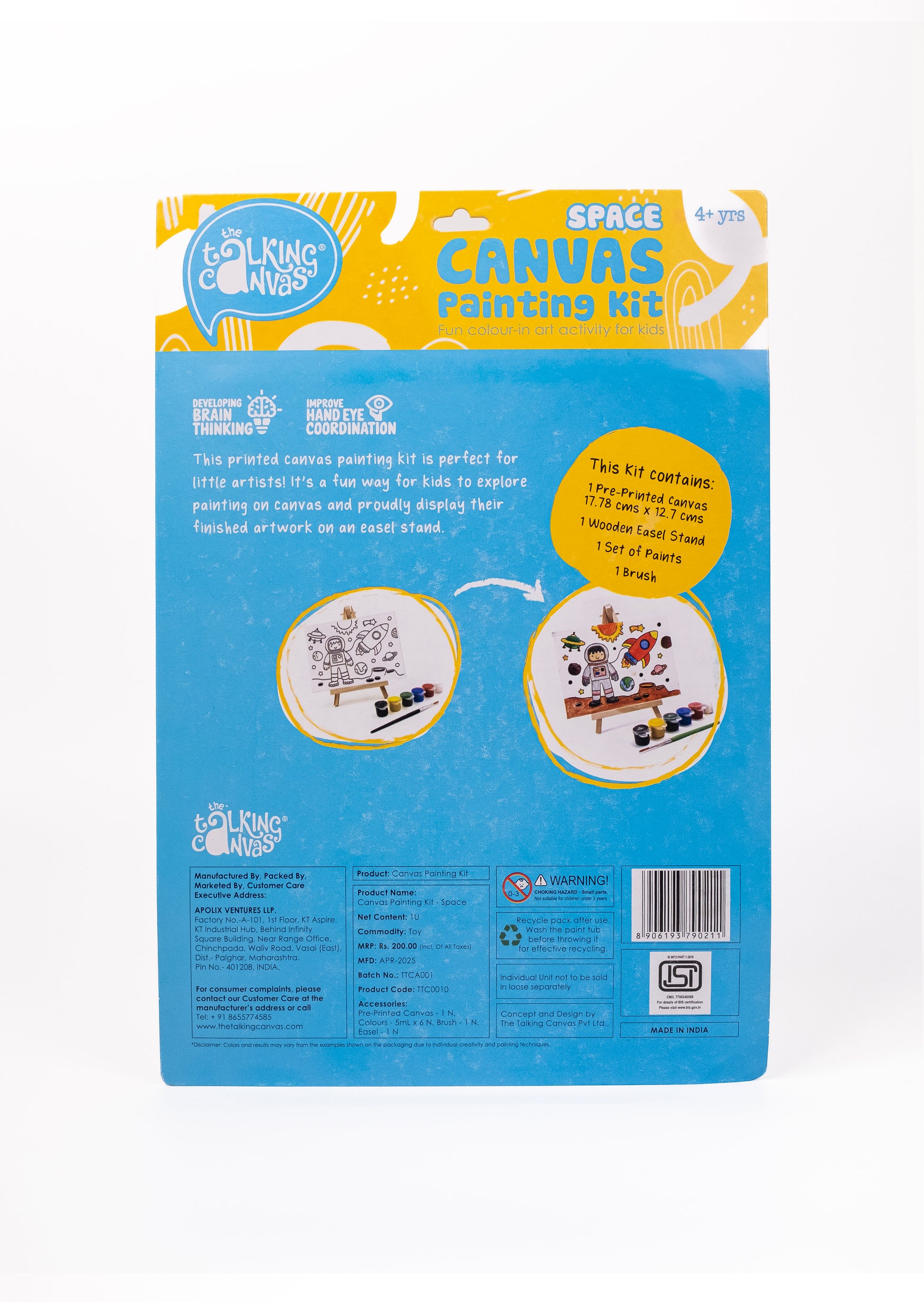 Back of Space Canvas Painting Kit packaging showing kit contents, painting instructions and product information for children aged 4+.