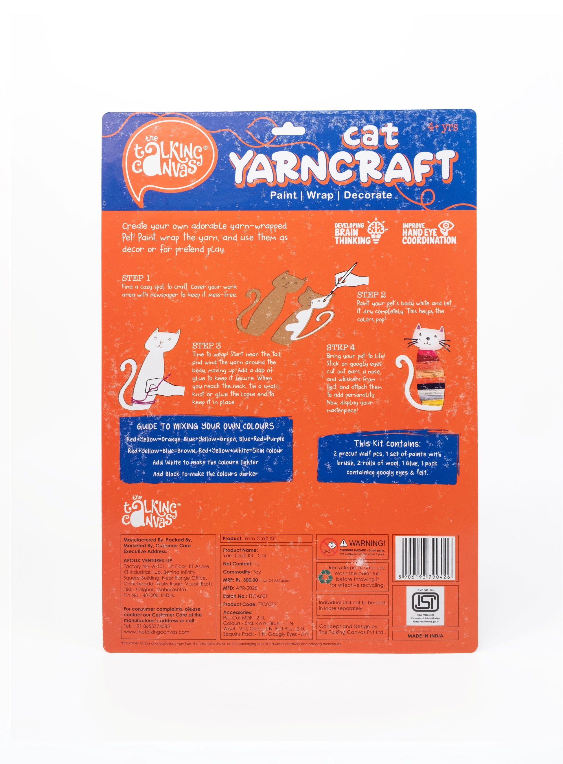 Back of Cat Yarn Craft Kit packaging showing step-by-step instructions, colour mixing guide, kit contents and product information for children aged 4+.