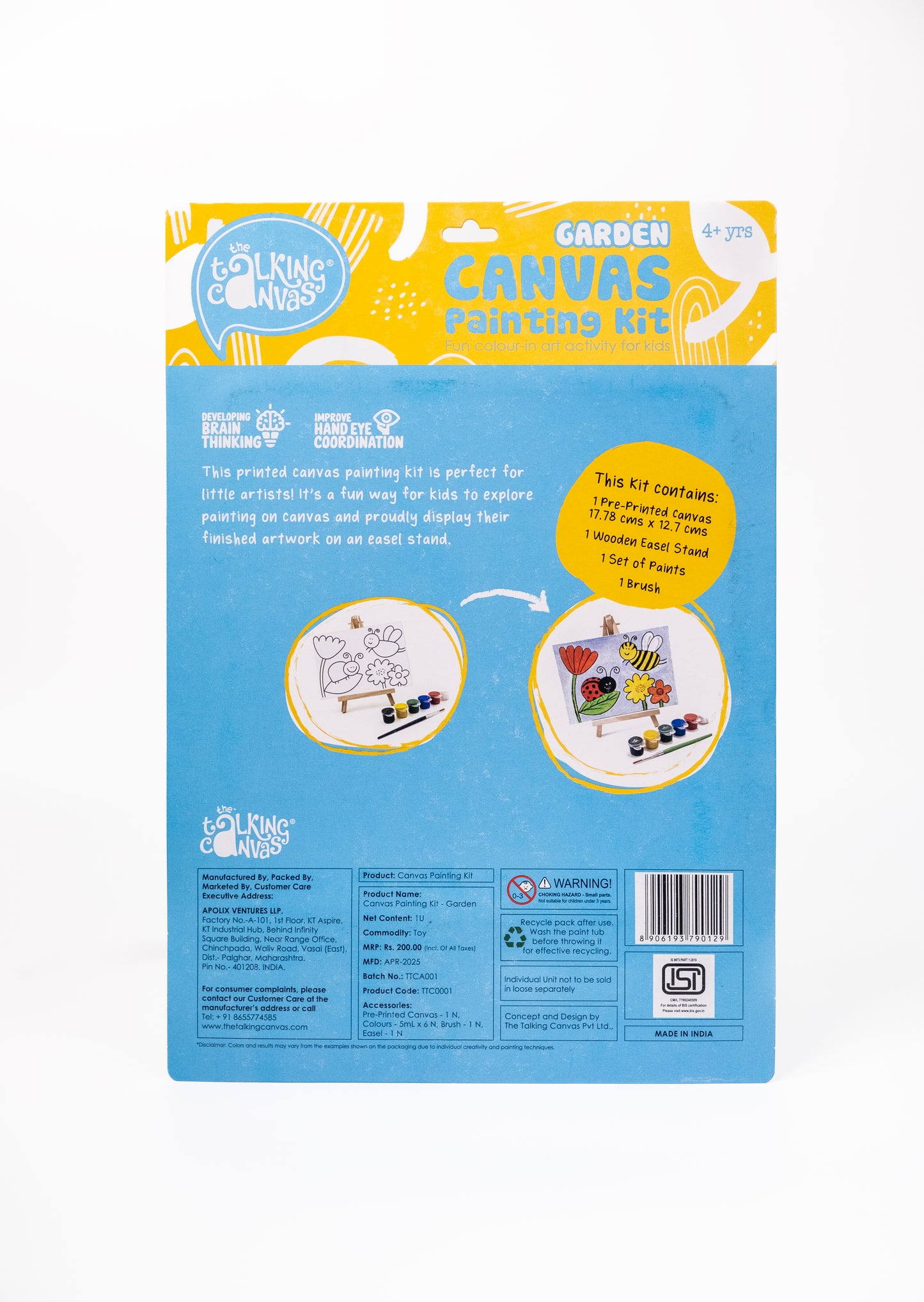Back of The Talking Canvas Garden Canvas Painting Kit showing product information, kit contents, instructions and safety details.