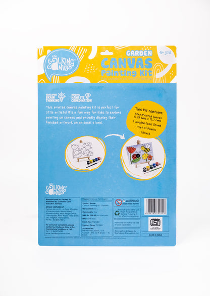 Back of The Talking Canvas Garden Canvas Painting Kit showing product information, kit contents, instructions and safety details.