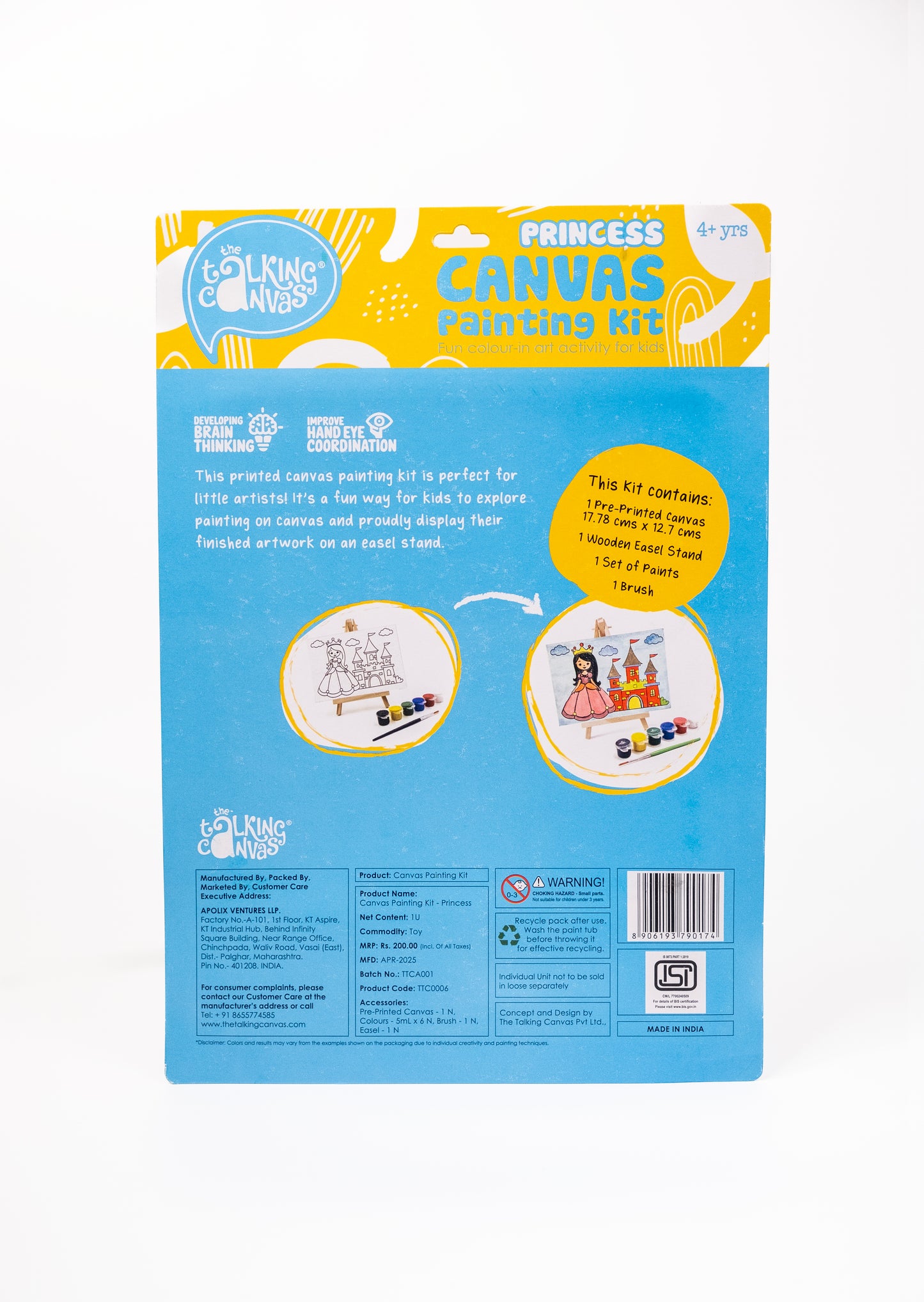 Back of Princess Canvas Painting Kit packaging showing kit contents, painting activity information and product details for children aged 4+.