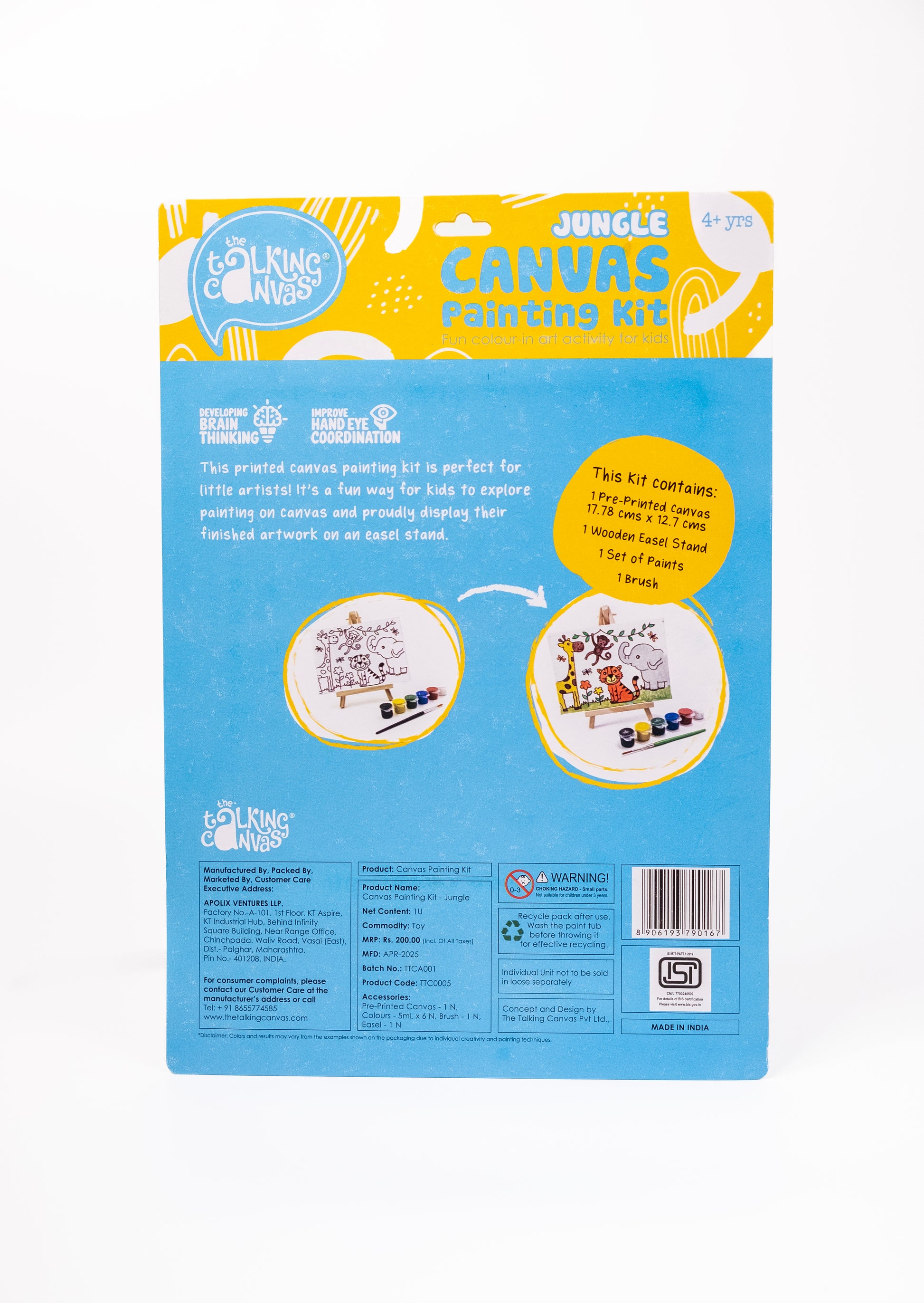 Back of The Talking Canvas Jungle Canvas Painting Kit showing product information, kit contents, instructions and safety details.