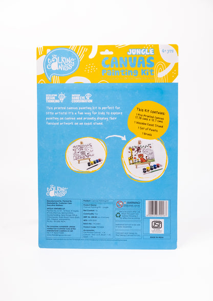 Back of The Talking Canvas Jungle Canvas Painting Kit showing product information, kit contents, instructions and safety details.