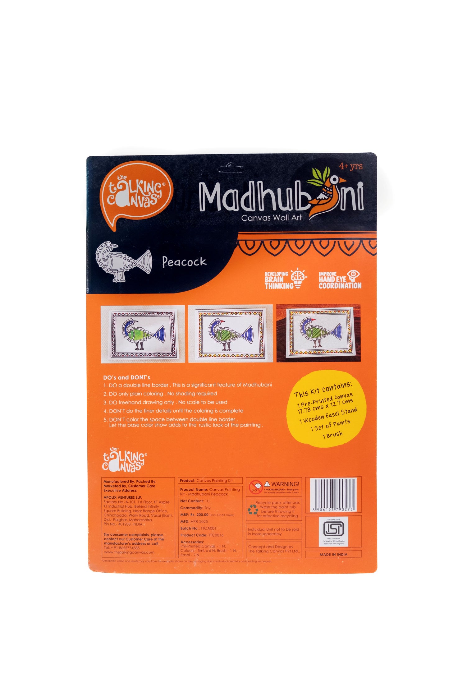 Back of The Talking Canvas Madhubani Peacock Canvas Wall Art DIY Kit with peacock painting guide, artwork stages, product details and safety information.