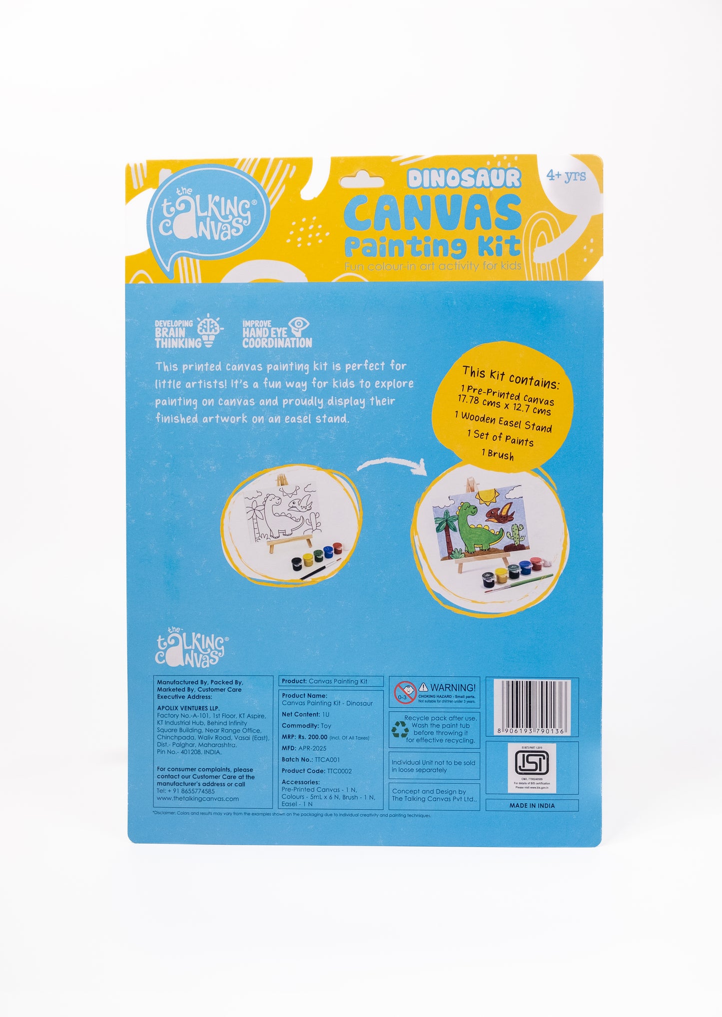 Back of Dinosaur Canvas Painting Kit packaging showing kit contents, painting instructions and product information for children aged 4+.