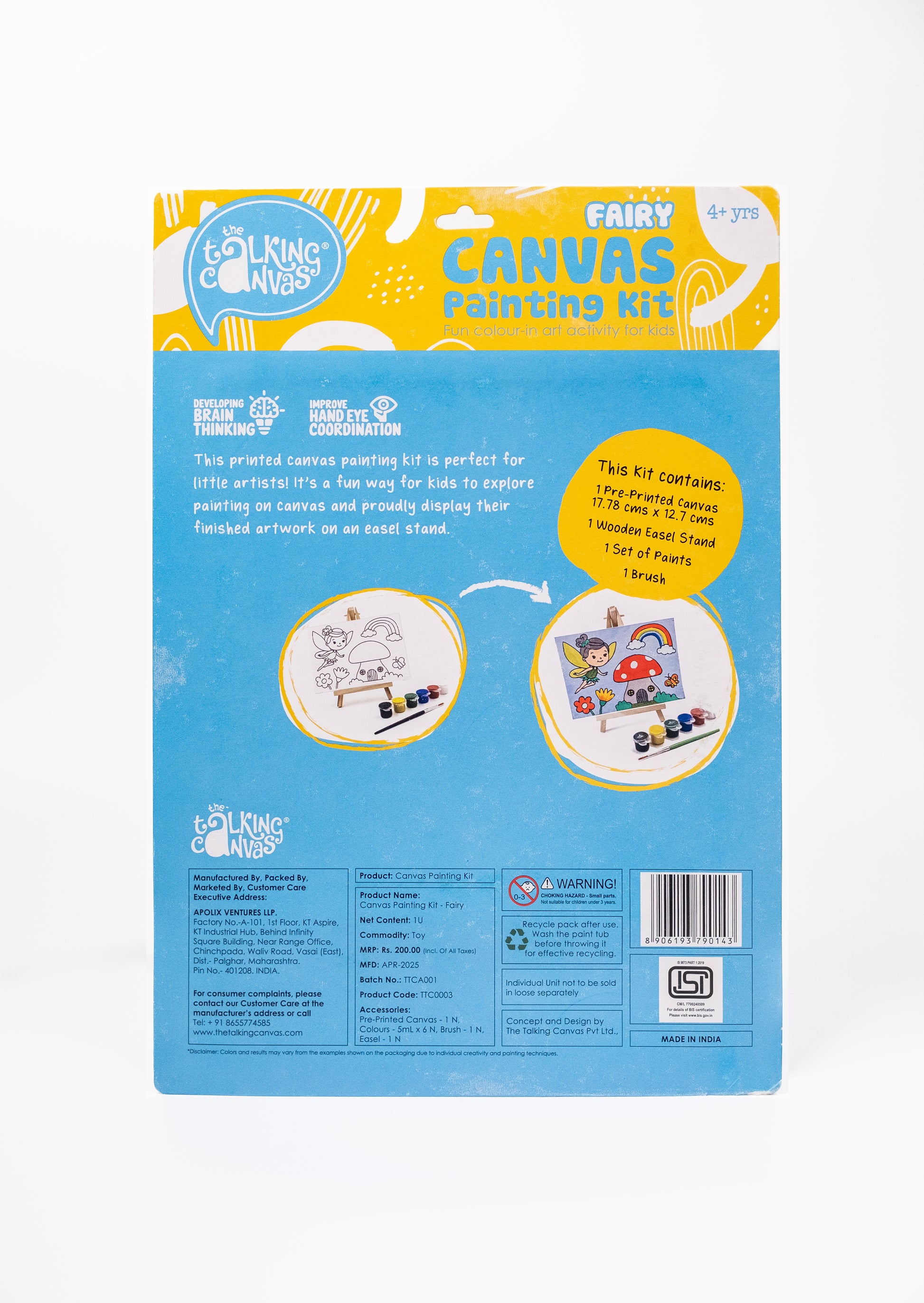 Back of Fairy Canvas Painting Kit packaging showing kit contents, painting instructions and product information for children aged 4+.