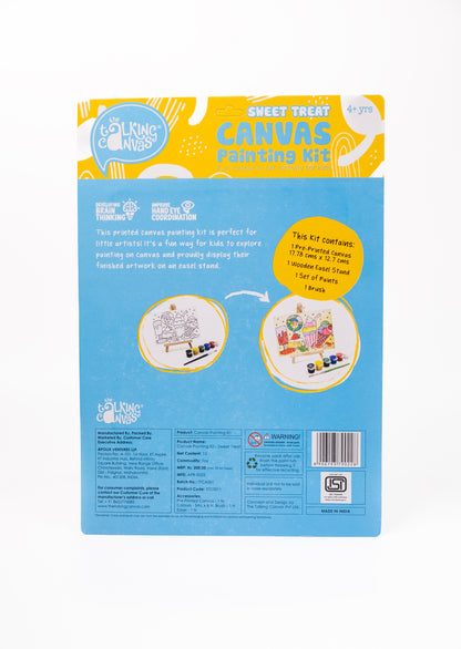 Back of Sweet Treat Canvas Painting Kit packaging showing kit contents, painting instructions and product information for children aged 4+.