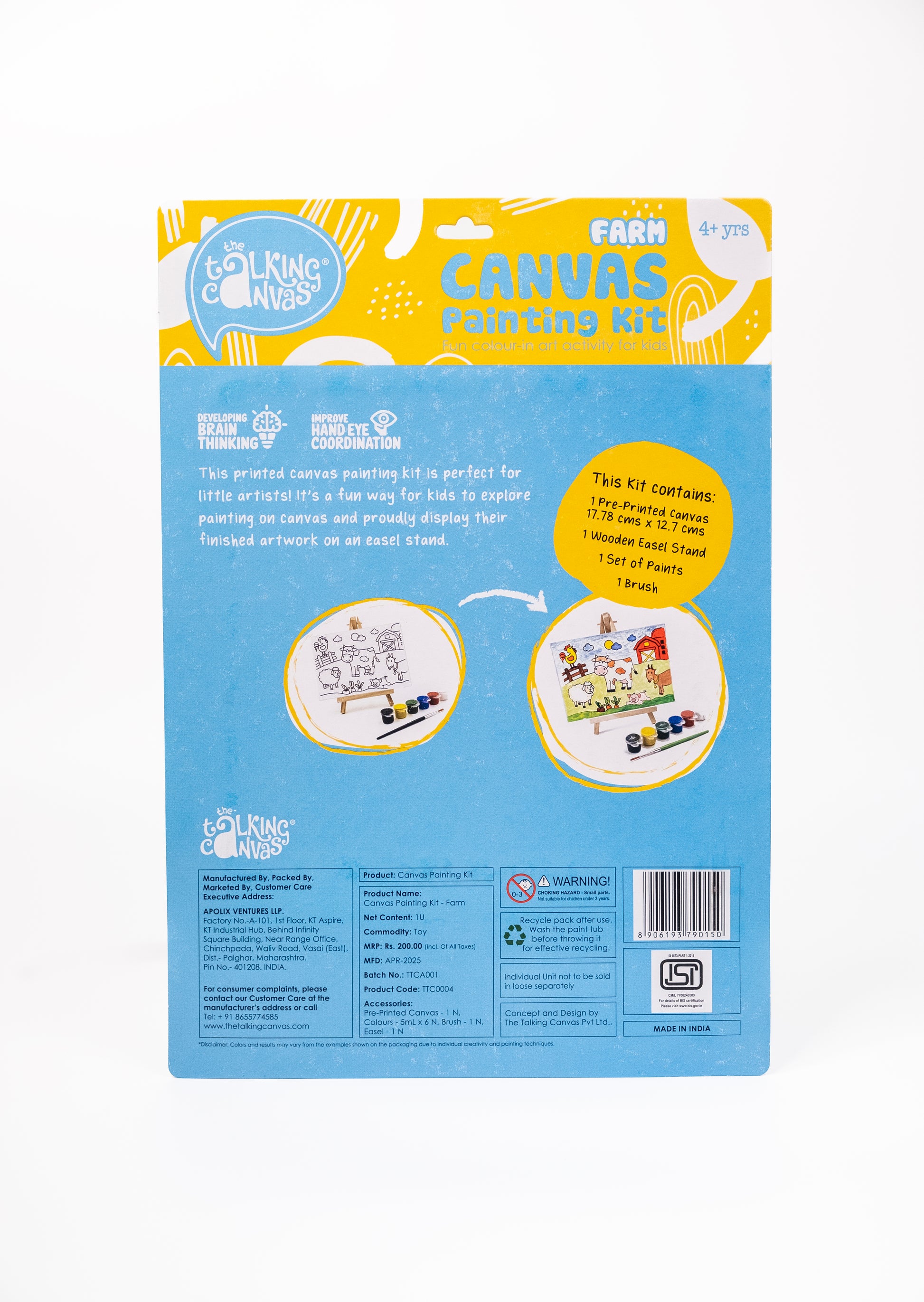 Back of The Talking Canvas Farm Canvas Painting Kit showing product information, kit contents, instructions and safety details.