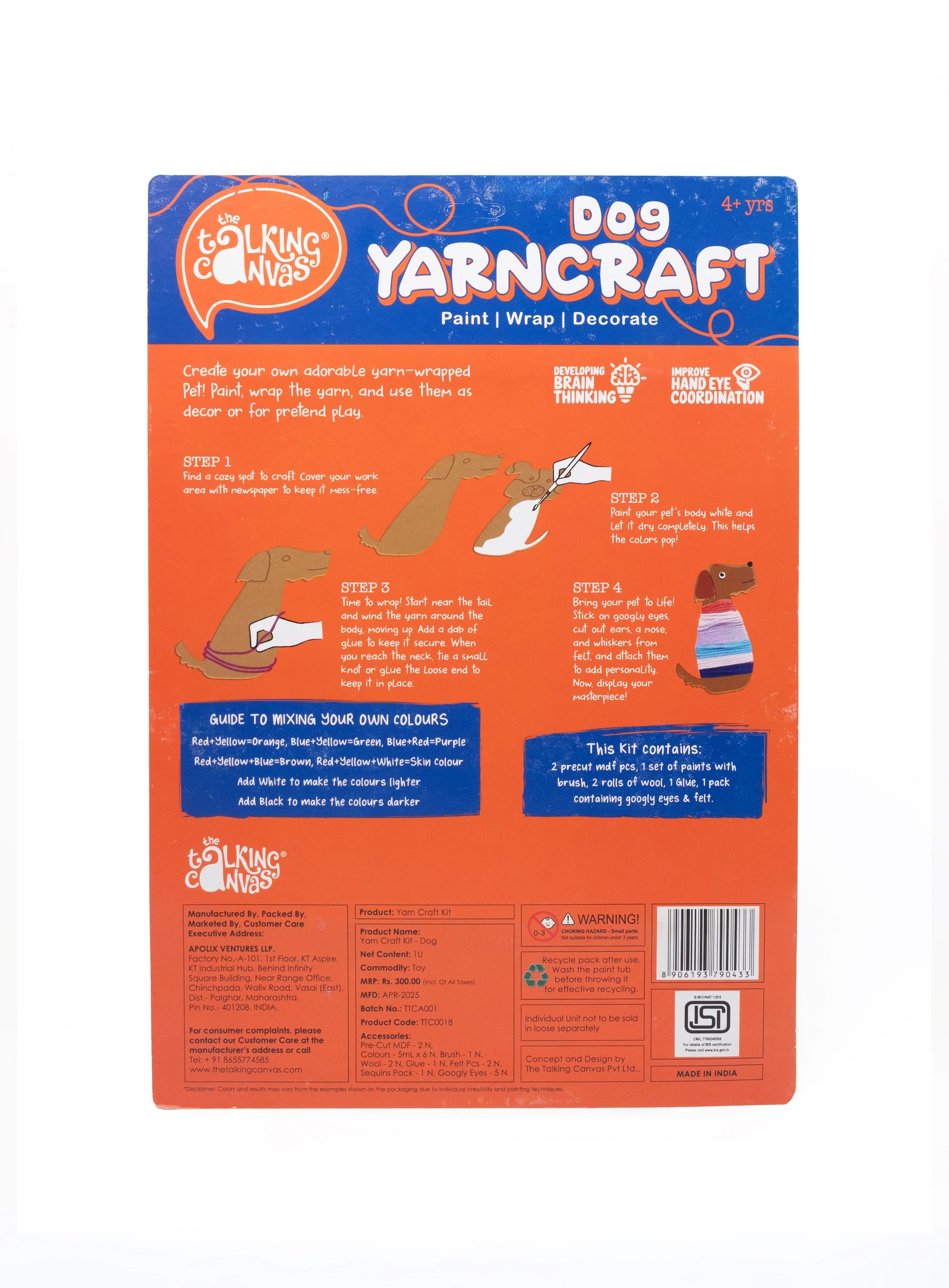 Back of Dog Yarn Craft Kit packaging showing step-by-step instructions, colour mixing guide, kit contents and product information for children aged 4+.