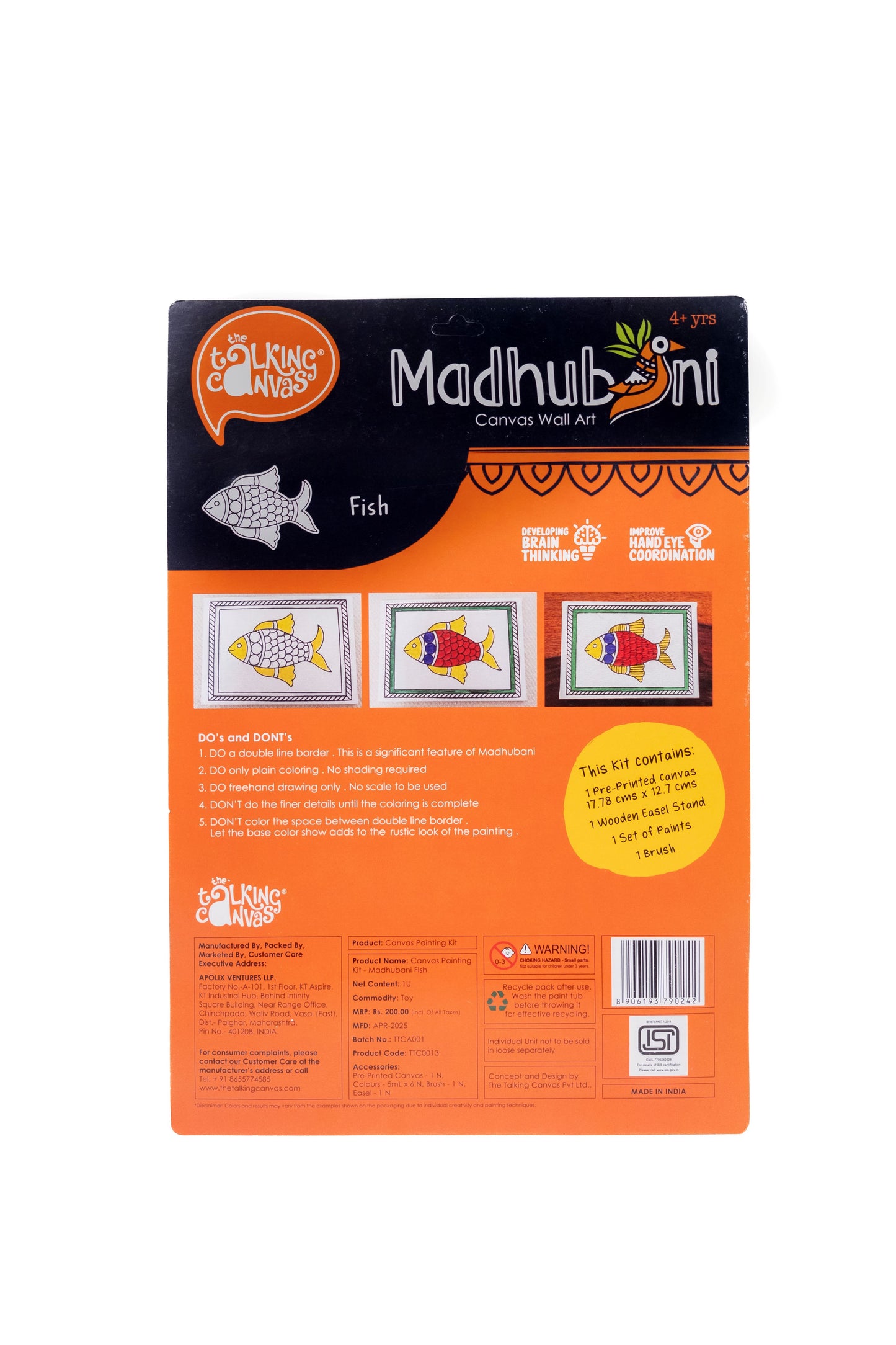 Back of The Talking Canvas Madhubani Fish Canvas Wall Art DIY Kit with fish painting guide, artwork stages, product details and safety information.