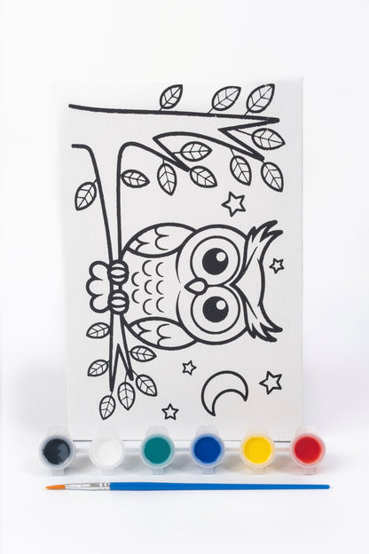 Owl Ready-to-Paint Canvas Kit 6×9 with pre-printed owl canvas, acrylic paint pots, paint brush and nighttime-themed artwork on white background.
