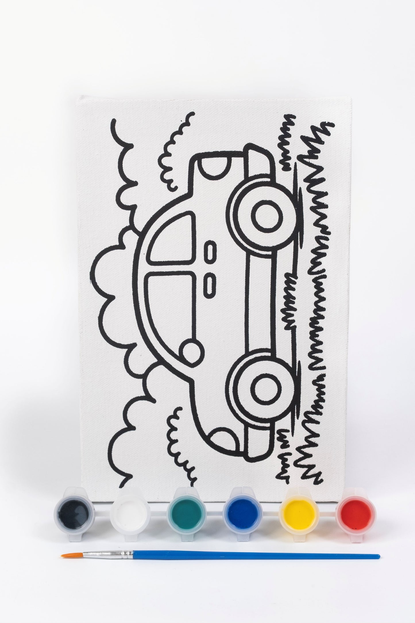 Car Ready-to-Paint Canvas Kit 6×9 with pre-printed car canvas, acrylic paint pots, paint brush and vehicle-themed artwork on white background.