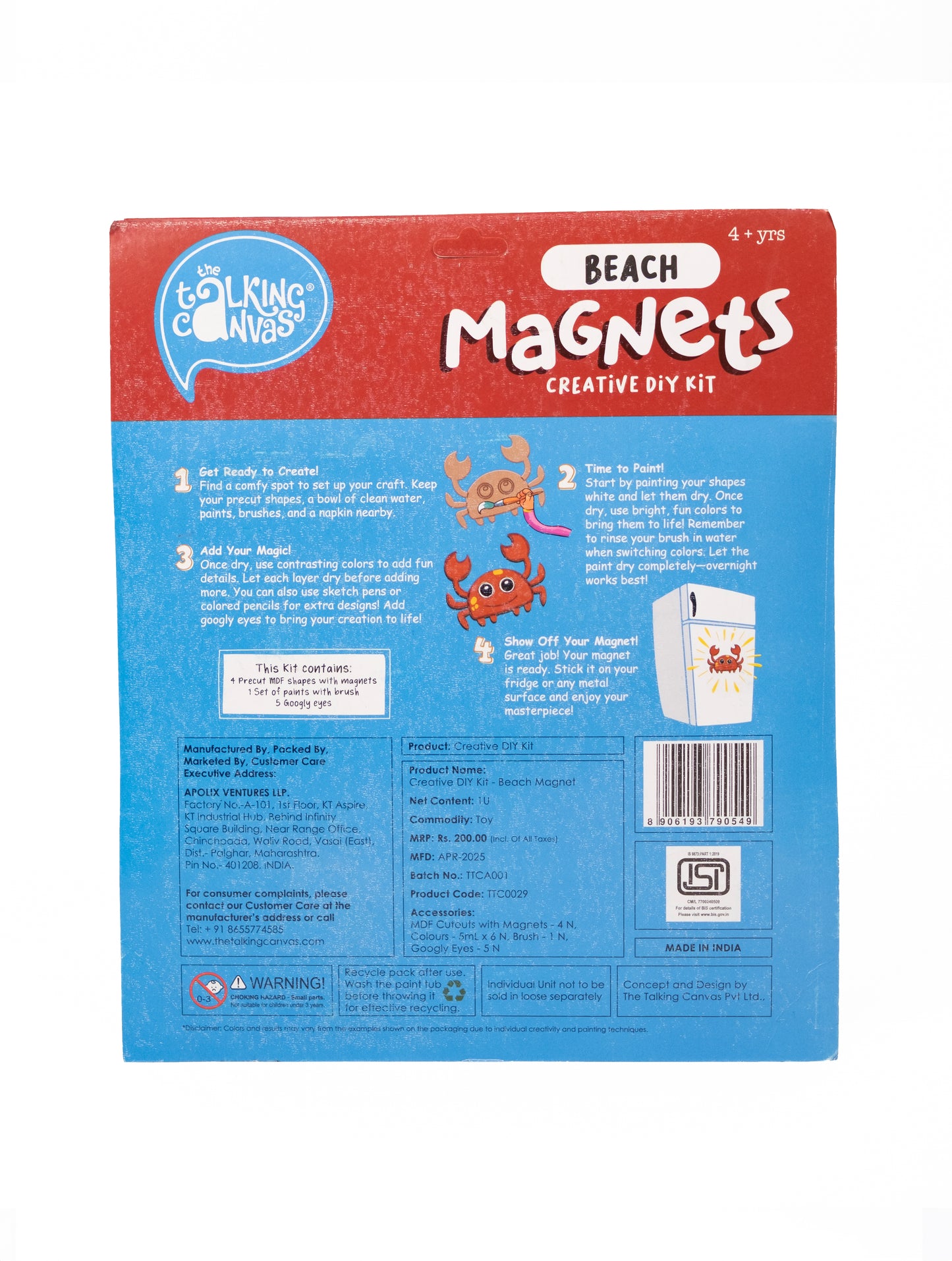 Back of Beach Magnets Creative DIY Kit packaging showing painting instructions, kit contents and product information for children aged 4+.