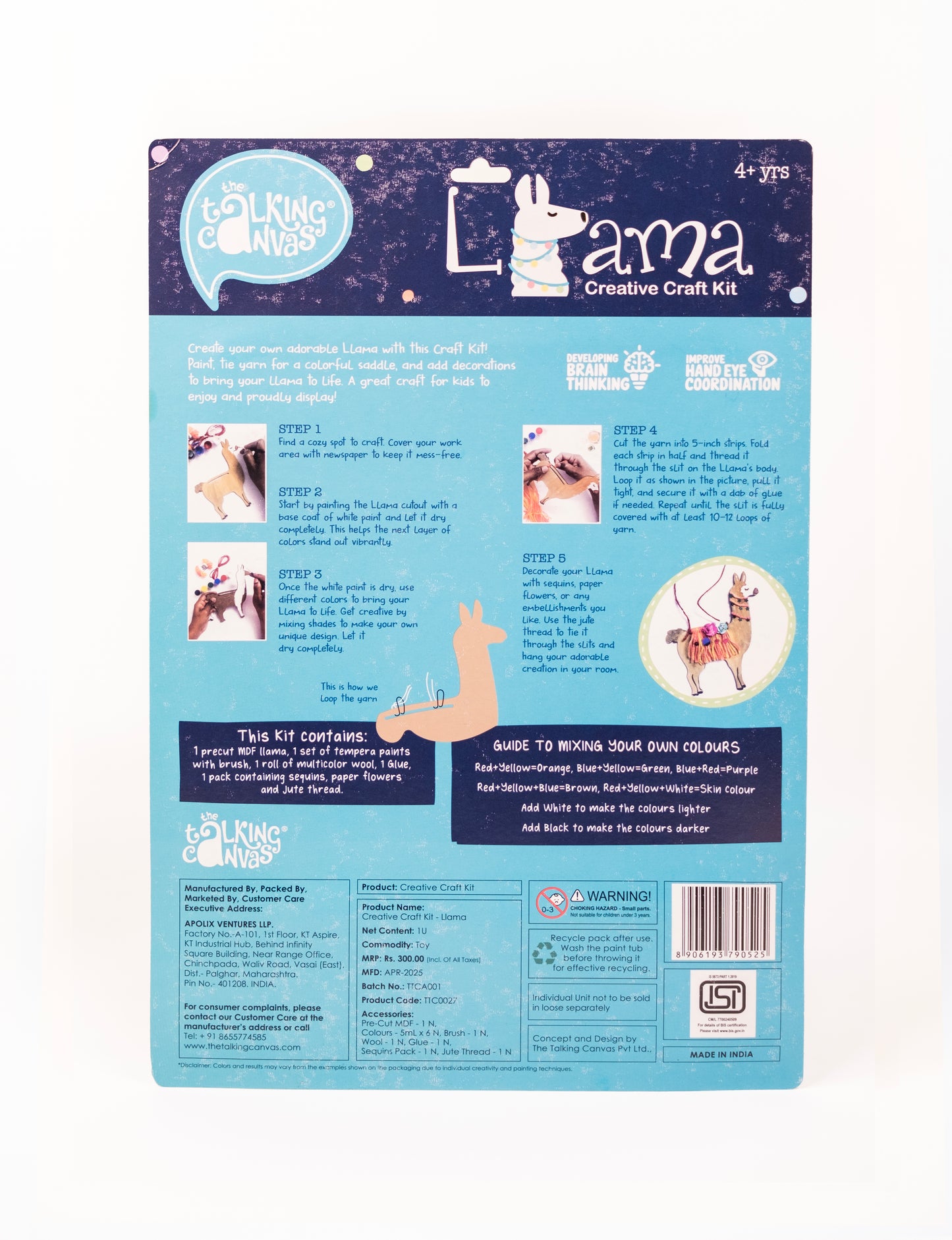 Back of The Talking Canvas Llama Creative Craft Kit with step-by-step craft guide, colour mixing chart, kit contents and safety information.