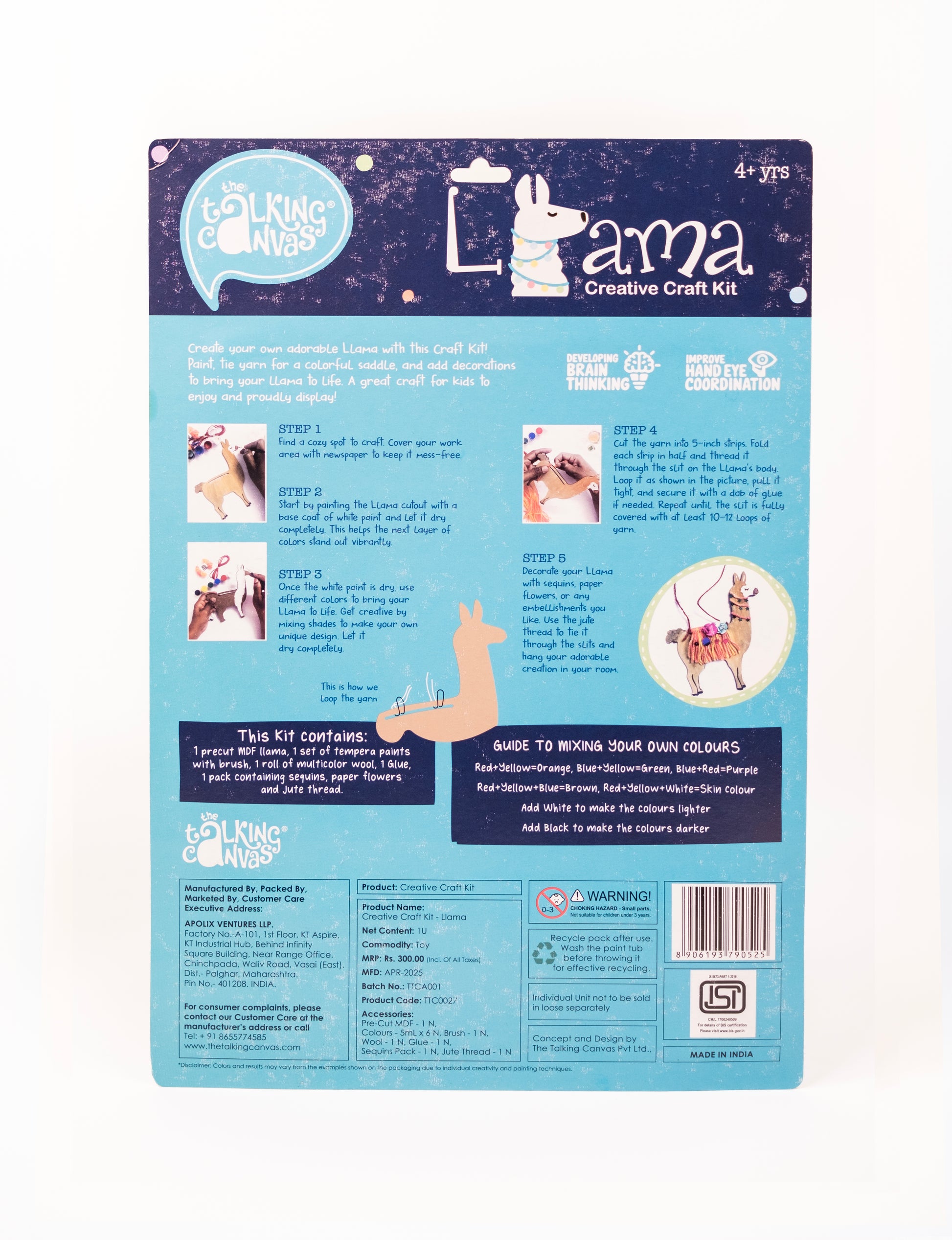 Back of The Talking Canvas Llama Creative Craft Kit with step-by-step craft guide, colour mixing chart, kit contents and safety information.