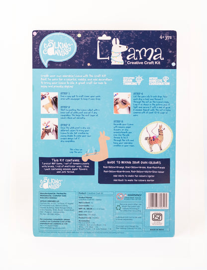 Back of The Talking Canvas Llama Creative Craft Kit with step-by-step craft guide, colour mixing chart, kit contents and safety information.