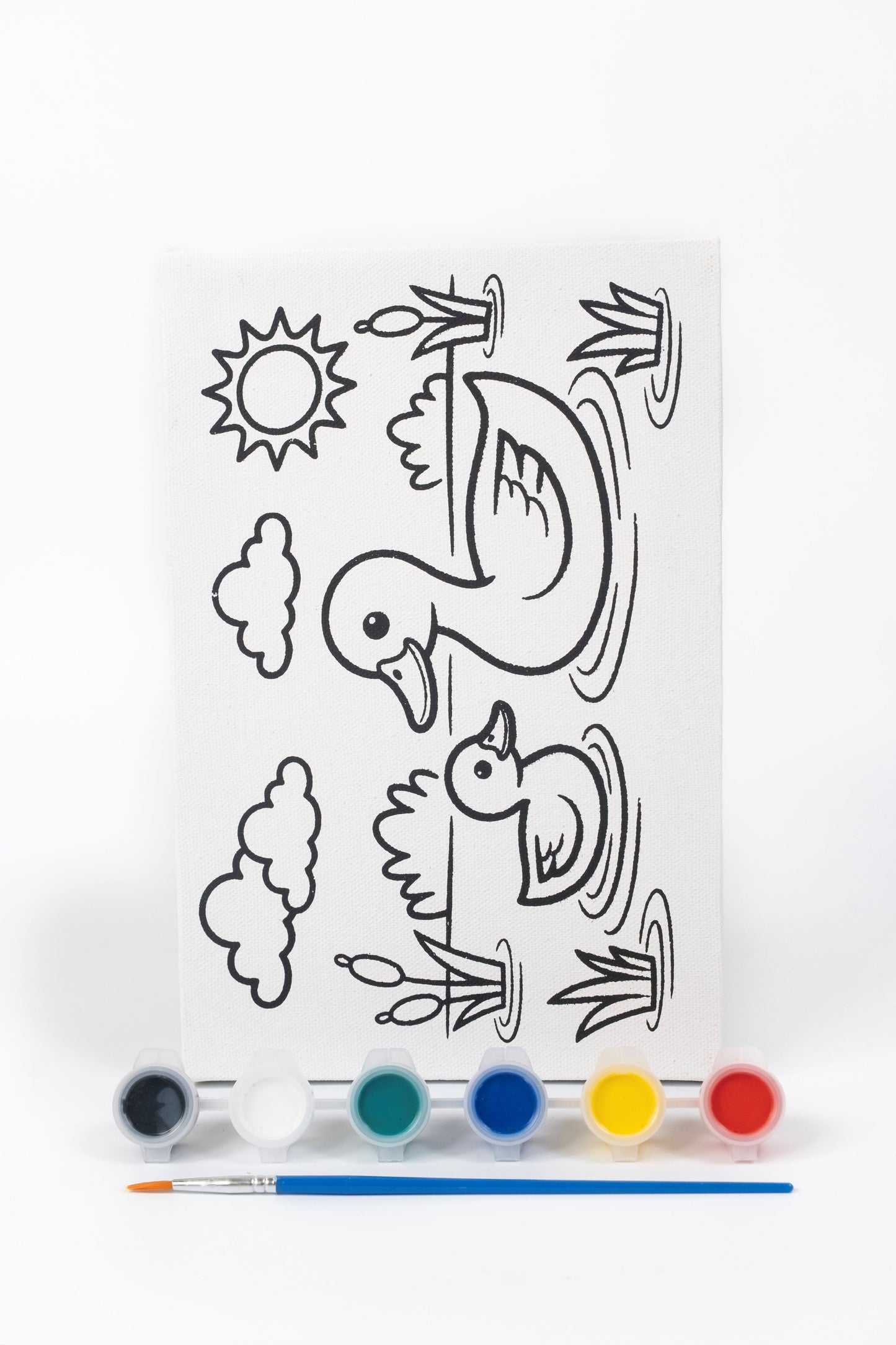Duck Ready-to-Paint Canvas Kit 6×9 with pre-printed duck canvas, acrylic paint pots, paint brush and pond-themed artwork on white background.