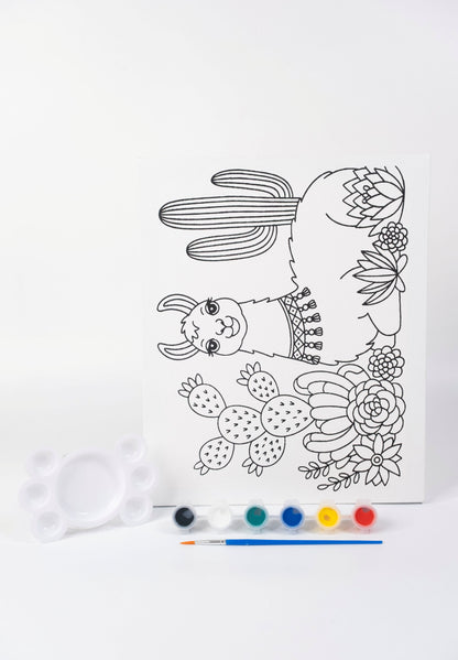 Llama Ready-to-Paint Canvas Kit for Kids 10×12 with canvas, six acrylic paints, blue brush and white palette.