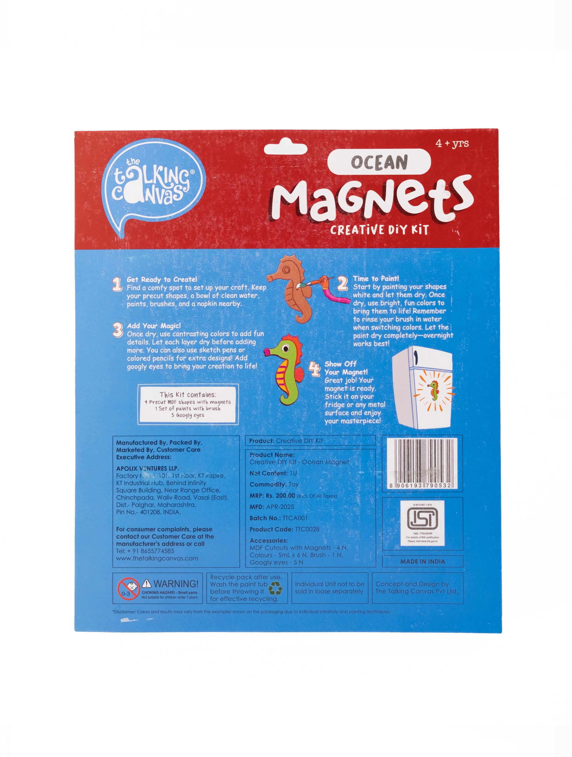 Back of Ocean Magnets Creative DIY Kit packaging showing painting instructions, kit contents and product information for children aged 4+.