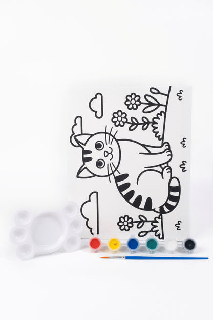 Capybara Ready-to-Paint Canvas Kit 8×10 with pre-printed capybara canvas, acrylic paint pots, paint brush and palette on white background.