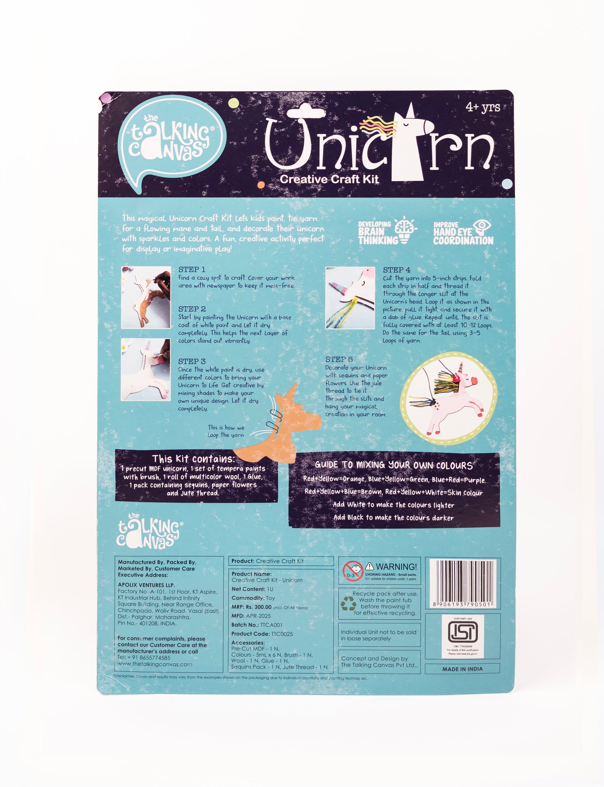 Back of The Talking Canvas Unicorn Creative Craft Kit with step-by-step craft guide, colour mixing chart, kit contents and safety information.