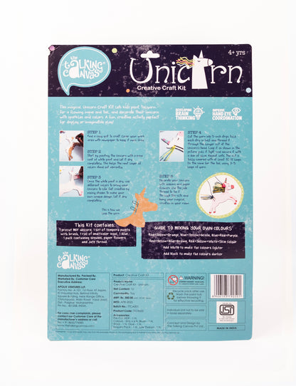 Back of The Talking Canvas Unicorn Creative Craft Kit with step-by-step craft guide, colour mixing chart, kit contents and safety information.