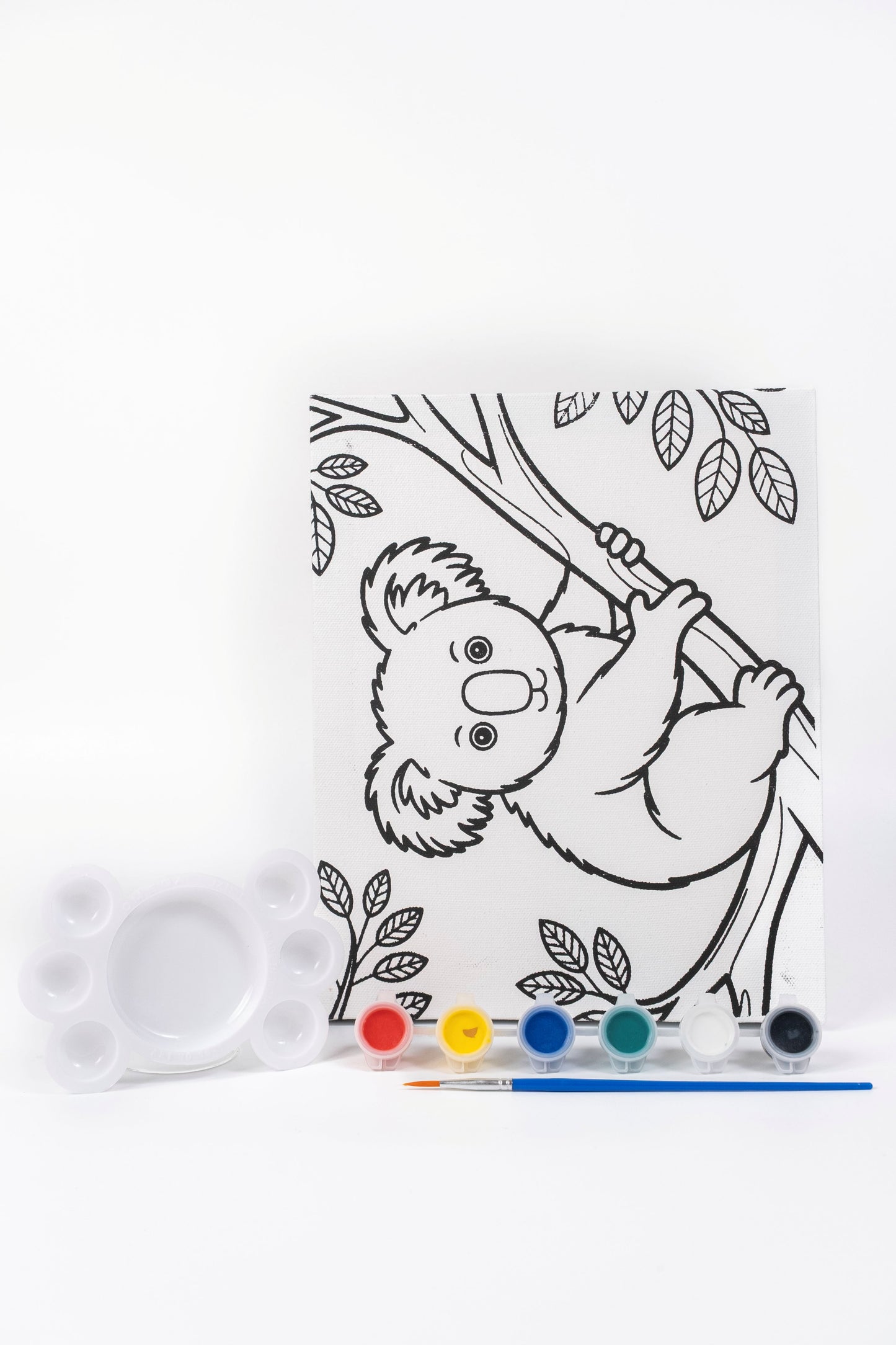 Ready-to-Paint Canvas Kit – Koala Bear 8×10 with pre-printed koala canvas, acrylic paints, paint brush and paint palette.