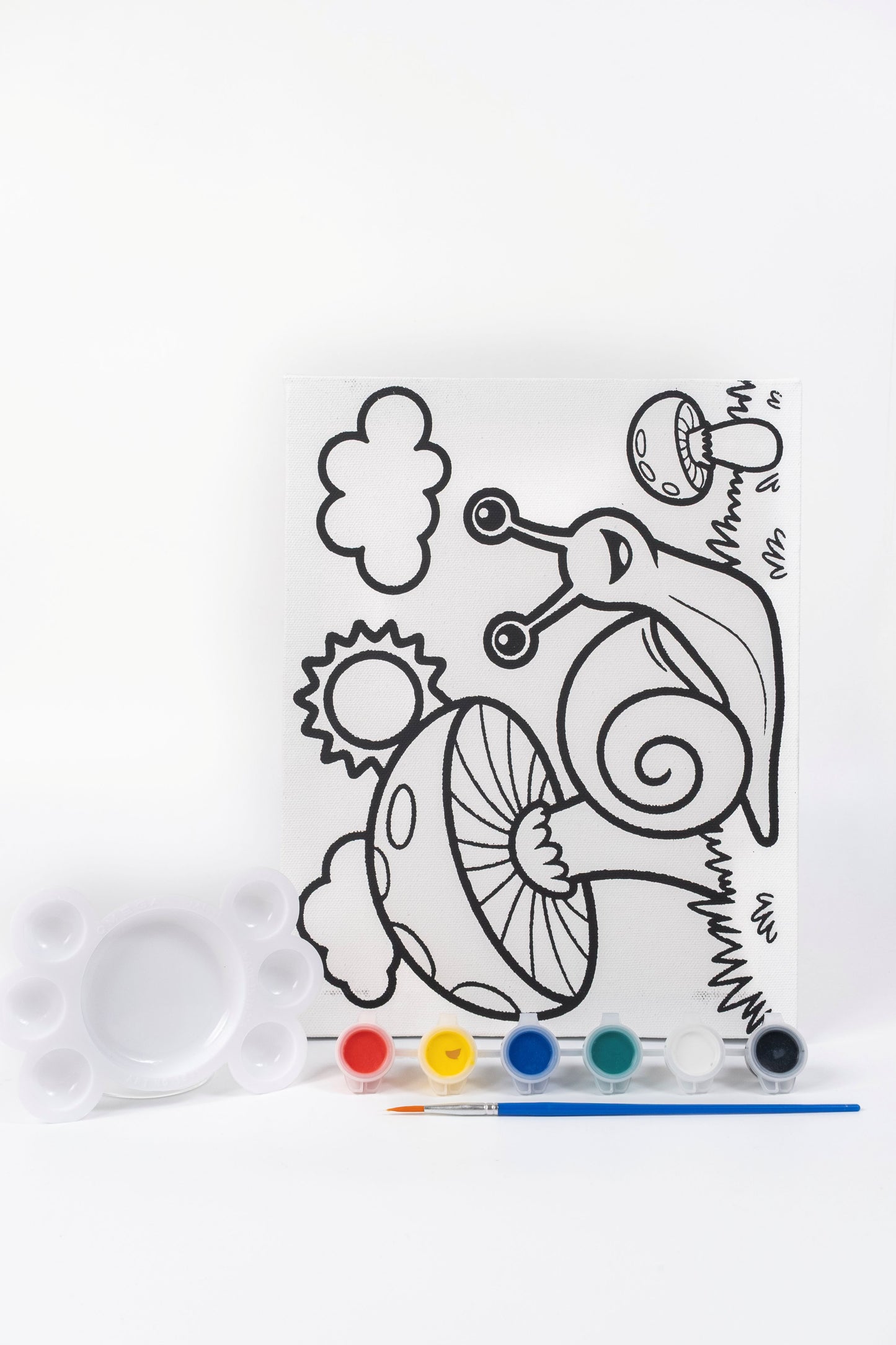 Ready-to-Paint Canvas Kit – Snail 8×10 with pre-printed snail canvas, acrylic paints, paint brush and paint palette displayed.