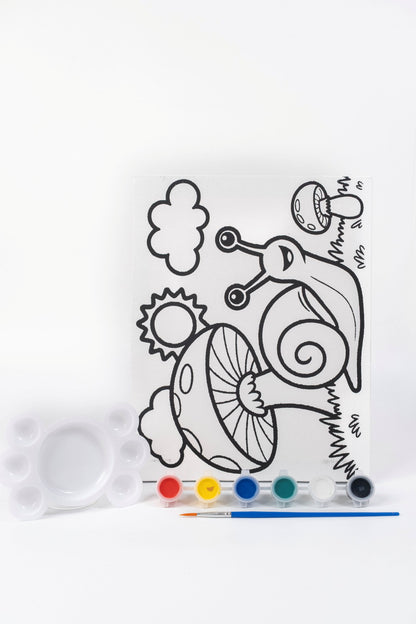 Ready-to-Paint Canvas Kit – Snail 8×10 with pre-printed snail canvas, acrylic paints, paint brush and paint palette displayed.