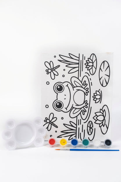 Frog Ready-to-Paint Canvas Kit 8×10 with pre-printed frog canvas, acrylic paint pots, paint brush and palette on a white background.
