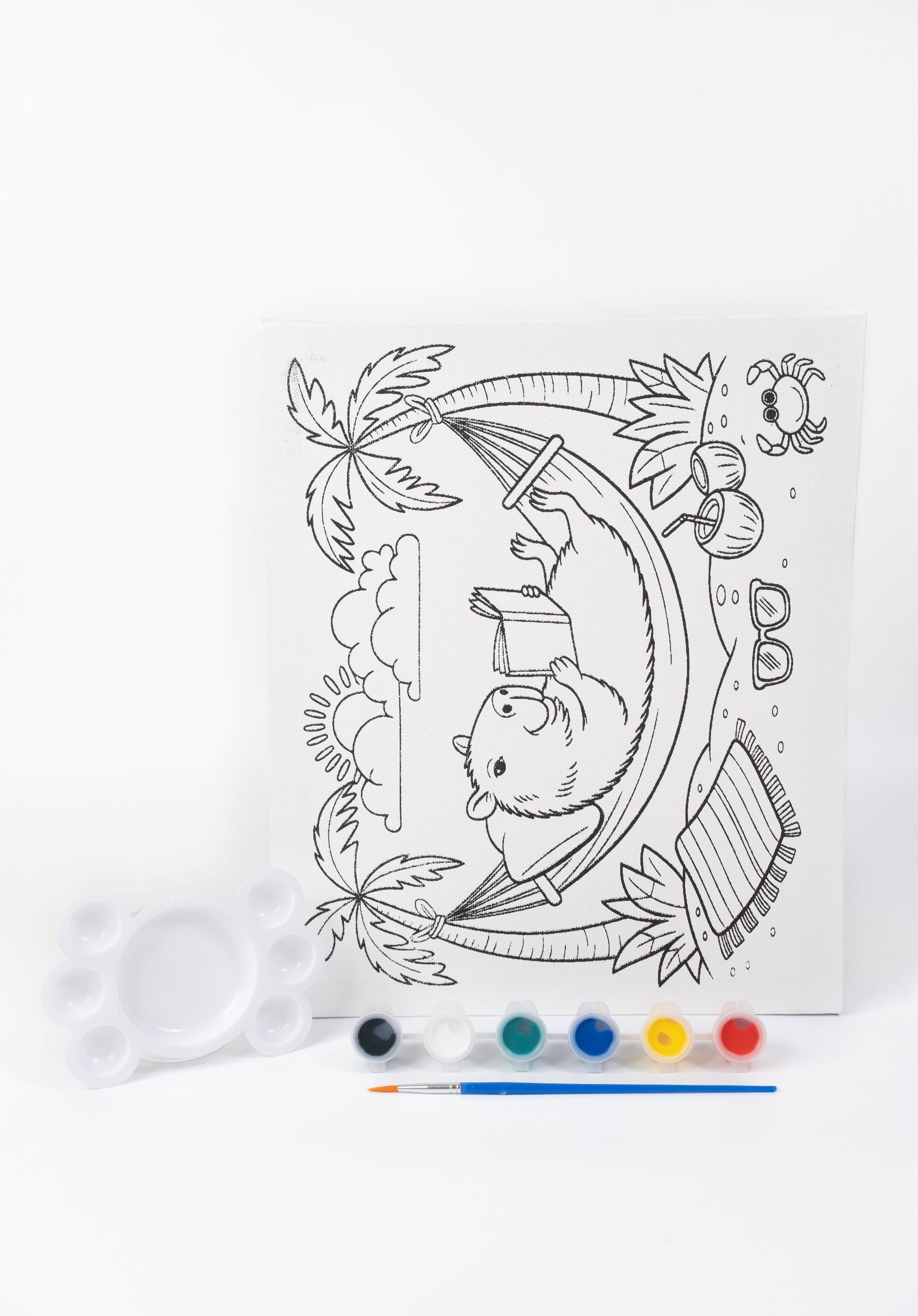 Capybara Ready-to-Paint Canvas Kit for Kids 10×12 with pre-printed canvas, six acrylic paint pots, paint brush and white paint palette.