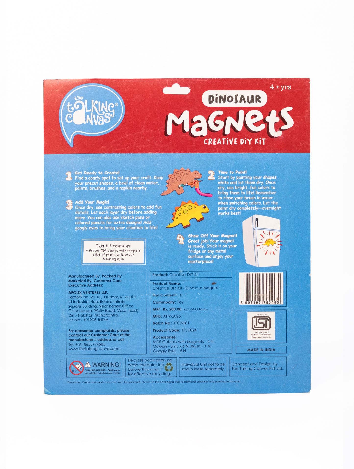 Back of Dinosaur Magnets Creative DIY Kit packaging showing painting instructions, kit contents and product information for children aged 4+.