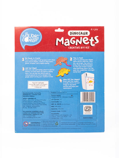 Back of Dinosaur Magnets Creative DIY Kit packaging showing painting instructions, kit contents and product information for children aged 4+.