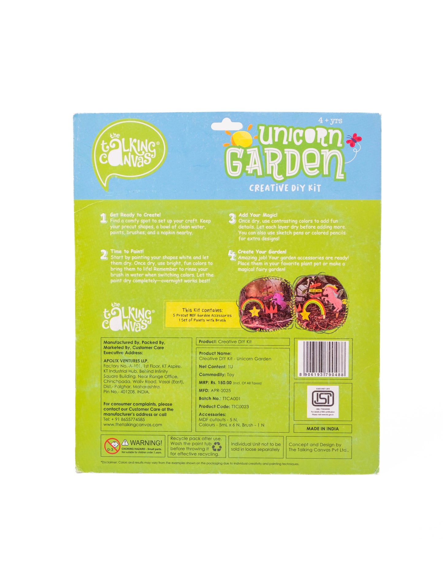 Creative DIY Kit – Unicorn Garden back packaging with assembly guide, kit contents and DIY garden craft instructions.