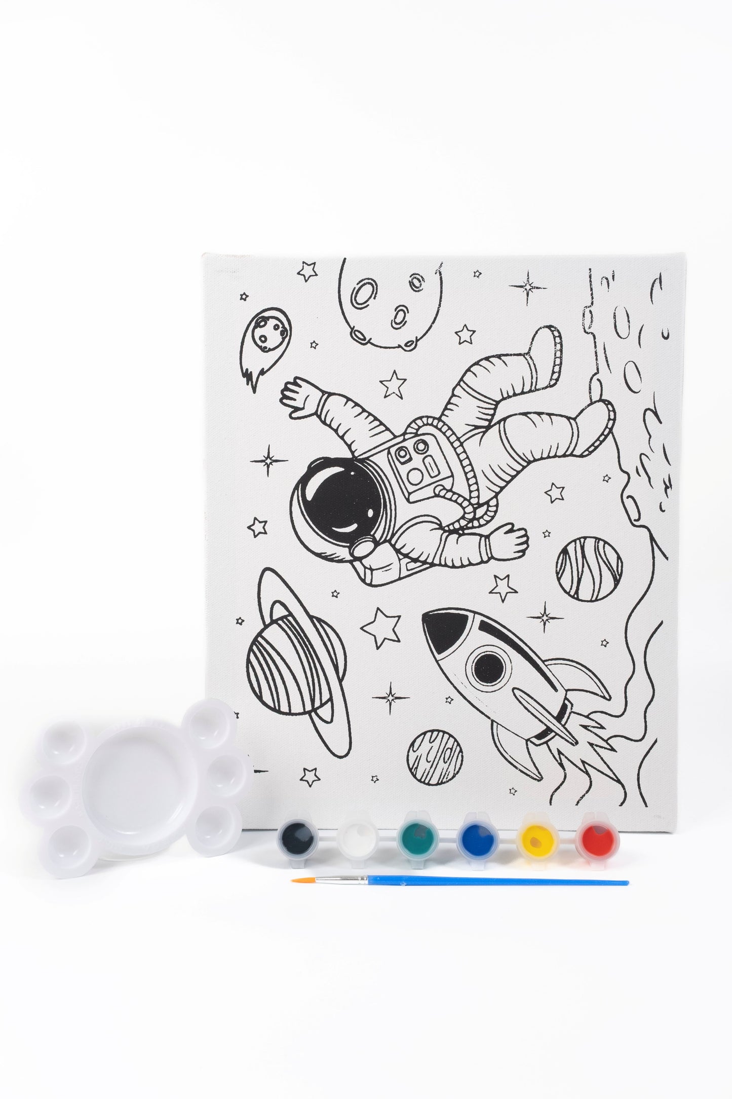 Astronaut Ready-to-Paint Canvas Kit with 10×12 pre-printed space-themed canvas, six acrylic paint pots, paint brush and paint palette.