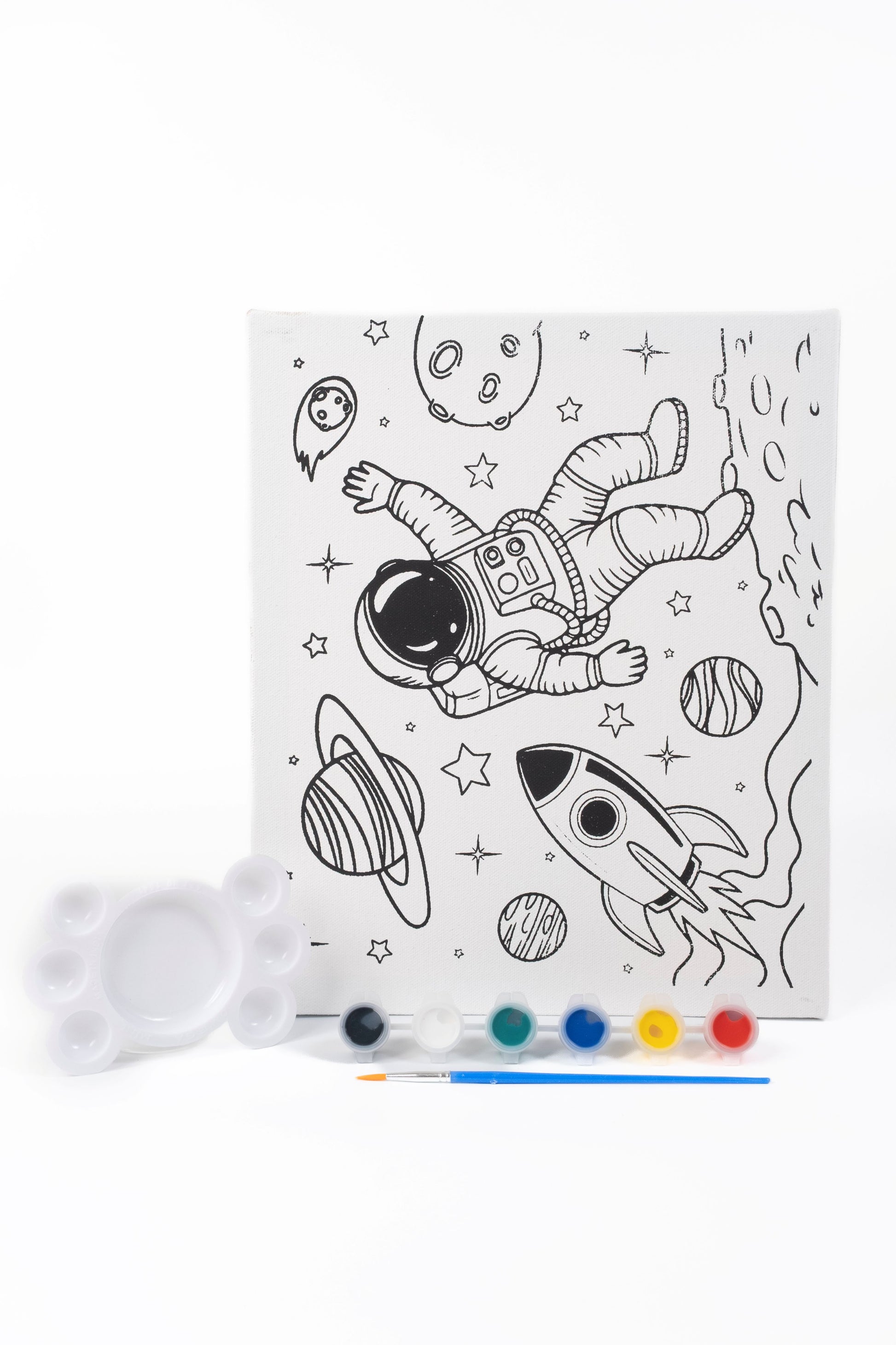 Astronaut Ready-to-Paint Canvas Kit with 10×12 pre-printed space-themed canvas, six acrylic paint pots, paint brush and paint palette.