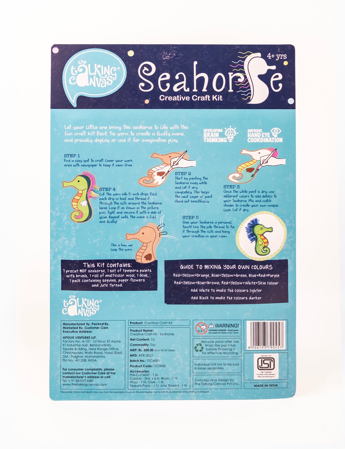 Creative Craft Kit – Seahorse back packaging showing step-by-step instructions, kit contents, colour mixing guide and product details.