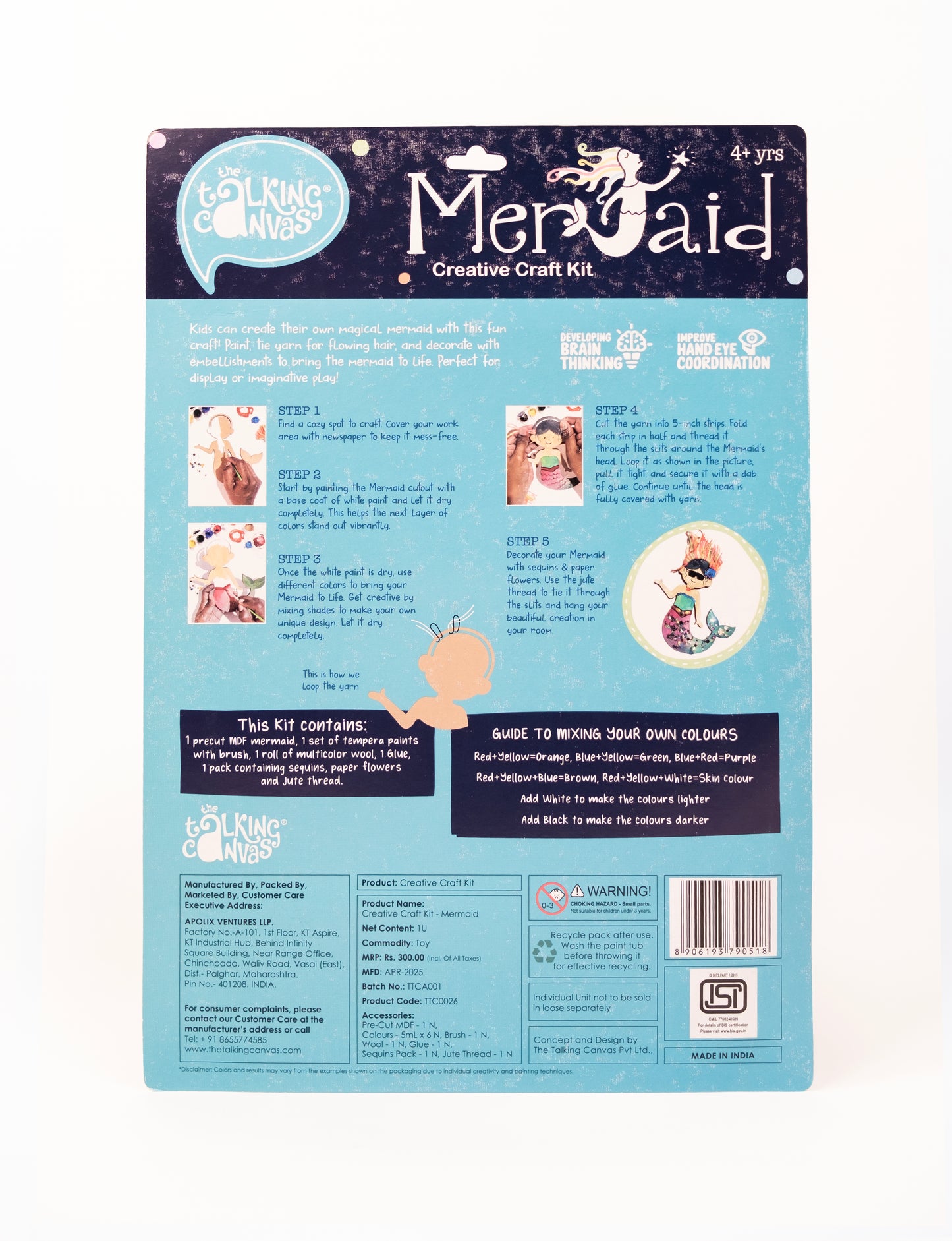 Back of The Talking Canvas Mermaid Creative Craft Kit with step-by-step craft guide, colour mixing chart, kit contents and safety information.
